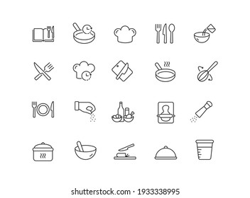 Cooking simple thin line icon vector illustration. Cook book, cooking time, mixed, pepper and salt, fork and spoon, pan, board and knife and more.