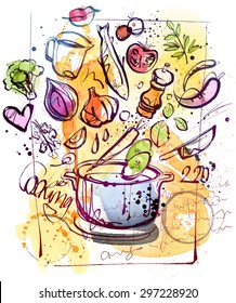 Cooking Sketch isolated on white background. Hand drawing watercolor collage.