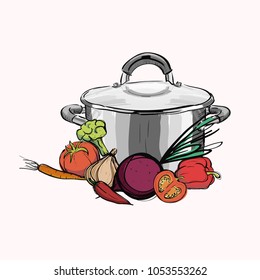 Cooking Sketch. Kitchen pan and raw vegetables