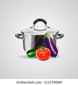Cooking Sketch. Kitchen pan and raw vegetables. Tomato, eggplant and cucumber