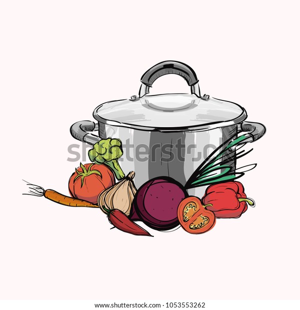 Cooking Sketch Kitchen Pan Raw Vegetables Stock Vector (Royalty Free ...