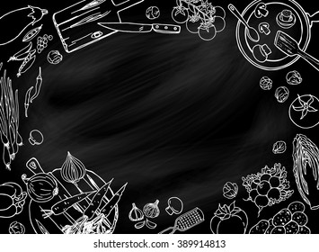 Cooking sketchy banner on chalkboard. Top view kitchen frame with vegetables and dishes for design. Black and white food background