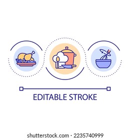 Cooking skill loop concept icon. Basic food preparation abstract idea thin line illustration. Kitchen essentials. Baking techniques. Isolated outline drawing. Editable stroke. Arial font used