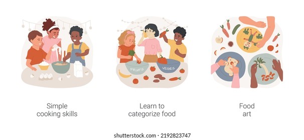 Cooking skills in early education isolated cartoon vector illustration set. Simple cooking skills, learn to categorize food, food art, nutrition in kindergarten, daycare center vector cartoon.