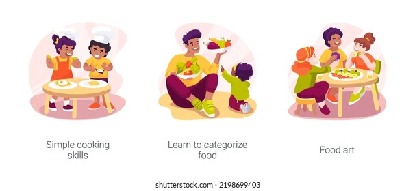 Cooking skills in early education isolated cartoon vector illustration set. Simple cooking skills, learn to categorize food, food art, nutrition in kindergarten, daycare center vector cartoon.