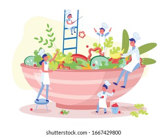 Cooking Skills and Meal Receipts Studying for Kids. Children Culinary with Boys and Girls Cartoon Characters Preparing Food - Salad or Vegan Cuisine DIsh in Giant Bowl. Flat Vector Illustration.