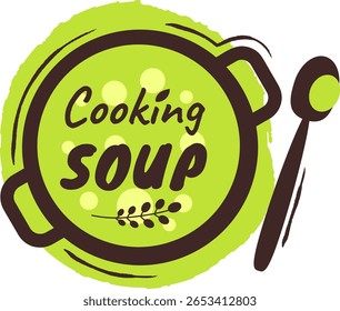 Logo de soupe de cuisine avec pot, cuillère et herbes représentant une nourriture saine et naturelle, idéal pour les restaurants, services de restauration, blogs alimentaires ou sites web de recettes