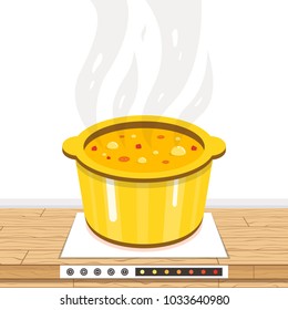 Cooking soup in pan. Pot on stove with steam. Wooden worktop. Vector illustration.