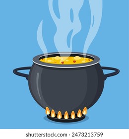 Cocinar sopa en sartén. Olla en la estufa con vapor. Ilustración vectorial en estilo plano