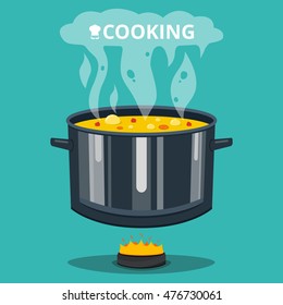 Cooking soup in pan. Pot on stove with steam. Flat vector illustration.