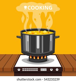 Cooking soup in pan. Pot on stove with steam. Flat vector illustration.