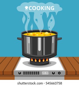 Cooking soup in pan. Pot on stove with steam. Flat vector illustration.