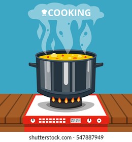 Cooking soup in pan. Pot on stove with steam. Flat vector illustration.