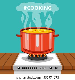 Cooking soup in pan. Pot on stove with steam. Flat vector illustration.