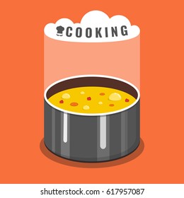 Cooking soup in pan. Pot on stove with steam. Flat vector illustration.