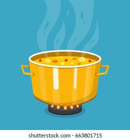 Cooking soup in pan. Pot on stove with steam. Flat cartoon style. Vector illustration.