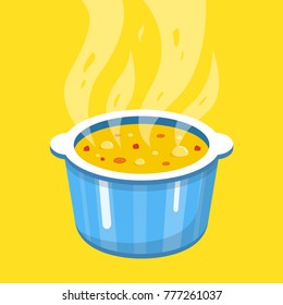 Cooking soup in pan. Pot on stove with steam. Vector illustration.