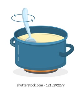 Cooking soup or porridge in the pot. Stir food with the spoon. Making meal on the kitchen. Isolated vector flat illustration