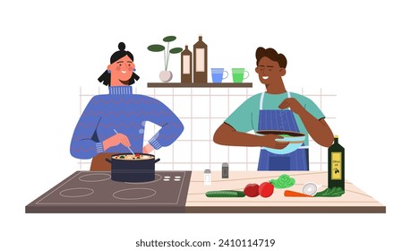 Cooking soup and salad. Man and woman at kitchen with bowl and saucepan with vegetables. Tomato, carrot and cucumber. People preparing healthy eating. Cartoon flat vector illustration