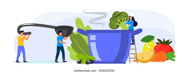 Cooking soup Tiny people standing by huge saucepan Flat vector illustration for poster banner website Small men and women putting slices of vegetables to pot Healthy organic eat 