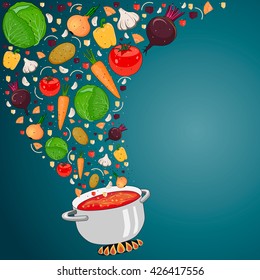 Cooking soup with vegetables. Vegetables fall into the pot. Recipe soup. Space for text