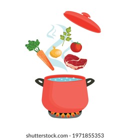 Cooking soup from vegetables and meat, a pot of boiling water, in vector.