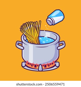 Cooking Spaghetti With Salt Cartoon Vector Icon Illustration. Food Object Icon Concept Isolated Premium Vector. Flat Cartoon Style