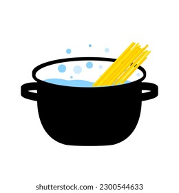 Cooking spaghetti in the saucepan. Water and macaroni in the pot. Recipe for pasta in trattoria. Al dente pasta concept. Italian food preparation on kitchen or restaurant flat vector illustration.