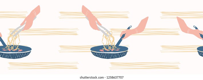 Cooking Spaghetti Seamless Border Vector Illustration. Hand Drawn Isolated Pasta Noodles Stirring by Hand in Frying Pan with Meat Sauce. Traditional Taste of Italy Restaurant Menu, Hot Food Packaging