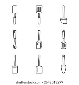 Cooking Spatula Icon Collection. Simple Line Art Illustration of Various Kitchen Utensils
