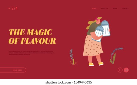 Cooking and Spice Website Landing Page. Cute Fatty Woman Holding Couple of Huge Salt Shakers. Female Character with Seasoning Ingredient for Food Dish Web Page Banner. Cartoon Flat Vector Illustration