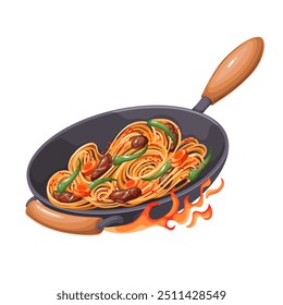 Cooking spicy noodles with meat and vegetables in cartoon wok on fire. Flying frying pan with fried noodles and flames. Asian food preparation mascot, cartoon gourmet dinner vector illustration