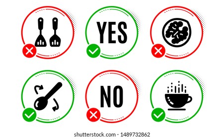 Cooking spoon, Cooking cutlery and Walnut icons simple set. Yes no check box. Coffee cup sign. Cutlery, Kitchen accessories, Vegetarian food. Hot drink. Food and drink set. Cooking spoon icon. Vector