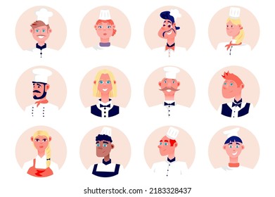 Cooking staff people avatars isolated set. Chef in caps, waitresses and waiters work in restaurant kitchen. Diverse male and female mascots. Vector illustration with characters in flat cartoon design