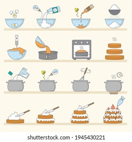 Escenarios de cocina. Preparaciones de pasteles deliciosos productos de cocina elaborados con productos de la cocina de los vectores recientes de estilo plano