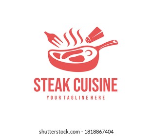 Cooking steak on pan, fork and salt cellar, logo design. Food, restaurant, meal and meat, vector design and illustration