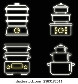 Cooking steamer icon set. Outline set of cooking steamer vector icons neon color on black