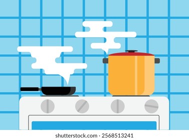 Cooking in Steaming Pan and Pot on the Stove. Preparing food and kitchen interior concept vector art