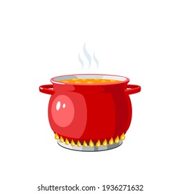 Cooking. Steaming red saucepan with boiling soup on gas burner. Vector illustration cartoon flat icon isolated on white background.