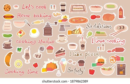 Cooking stickers vector concept icons. Vector illustration in modern flat design style