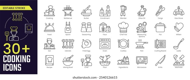 Cooking Stroke icon collections. Containing Barbecue, Olive Oil, Gas Stove, Cutlery, Oven, Pan, Cutting Board, Food, Marinate, and Recipe icons. Editable Stroke icon collection Outline icon