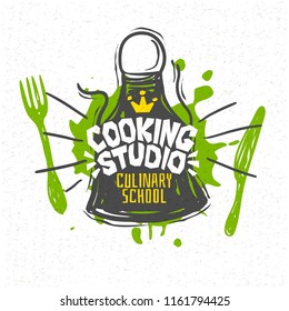 Cooking studio, culinary school, classes, logo, utensils, apron, fork, knife, crown. Lettering, calligraphy logo, sketch style, design, graphics, royal. Hand drawn vector illustration.