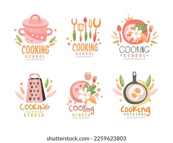Cooking Studio Logo Design with Different Kitchen Utensils Vector Set