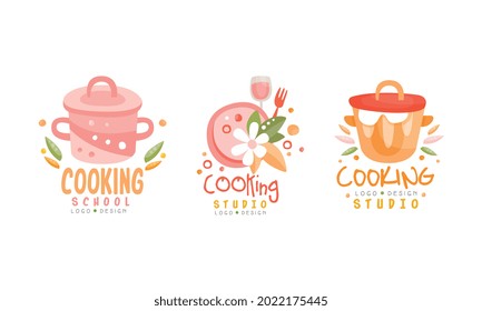 Cooking Studio Logo Design Set, Culinary School Labels Hand Drawn Vector Illustration