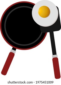 Cooking a sunny side egg for breakfast. Cartoon vector illustration. Isolated. Top view. Frying pan, fried egg and skillet.