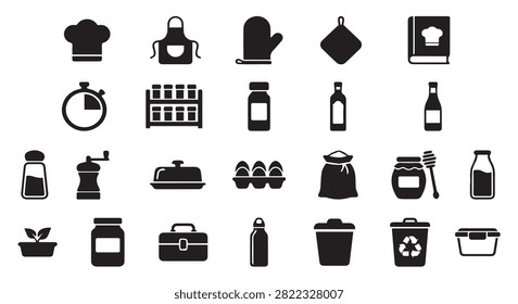 Cooking supplies and kitchen pantry essentials icon set with supplies, culinary