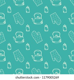 Cooking supplies vector seamless pattern. Kitchenware hand drawn sketch design texture
