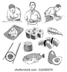Cooking sushi. Chef and food ingredients. Japanese cuisine. Sketch style vector illustration.