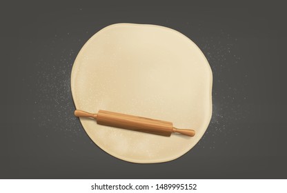 Cooking sweet bakery or bread, preparing pizza on kitchen table, flattening, sprinkled with flour, dough by wooden rolling pin with handles top view, 3d realistic vector isolated on grey background