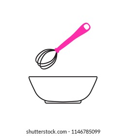 a cooking symbol with a bowl and whisk; vector line icon,  graphic symbol isolated on white.